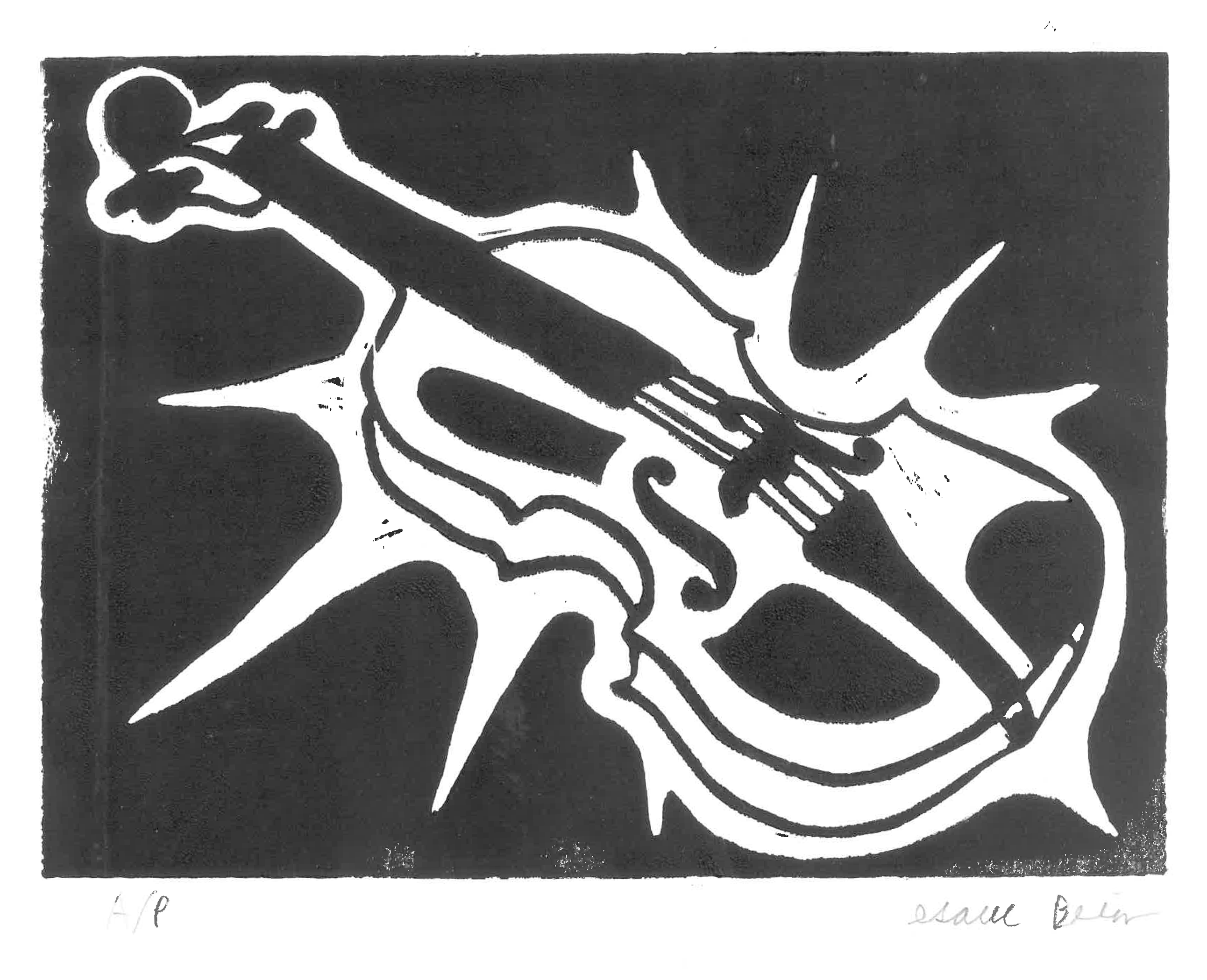 B/W block print of a violin